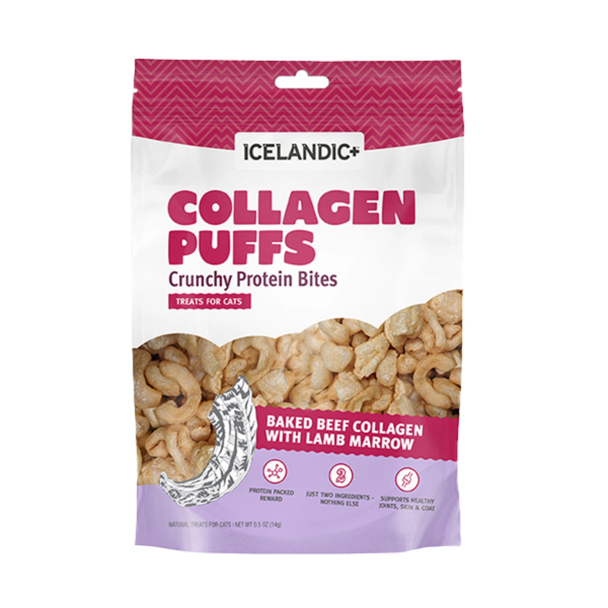 Front view of Icelandic+ Collagen Puffs Beef Lamb Marrow Cat Treats on a white background
