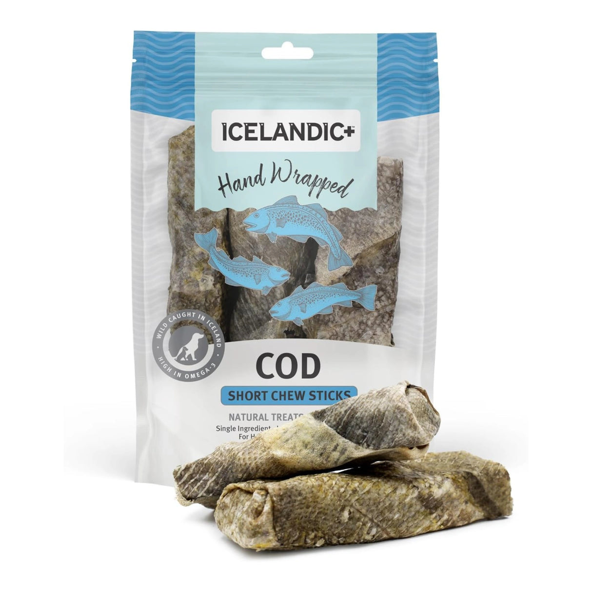 Front view of Icelandic Hand-Wrapped Cod Skin Dog Treats on a white background