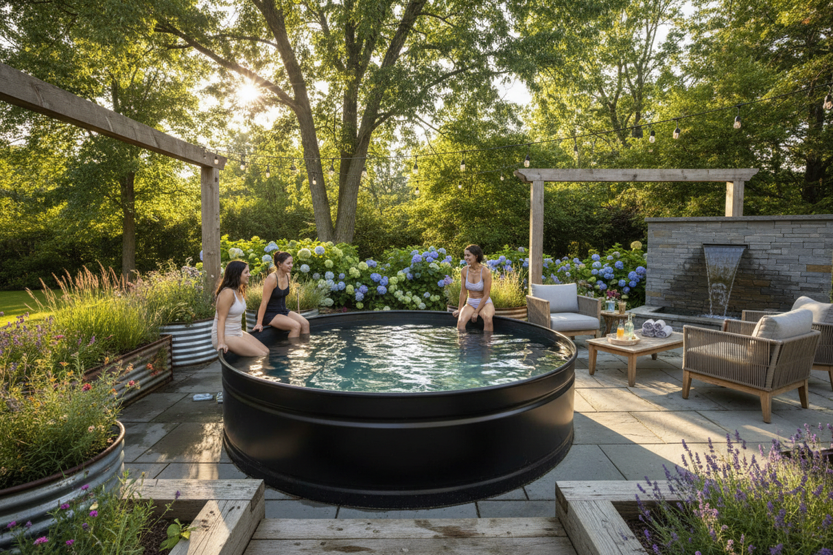 Behlen 350 gallon stock tank used as outdoor pool