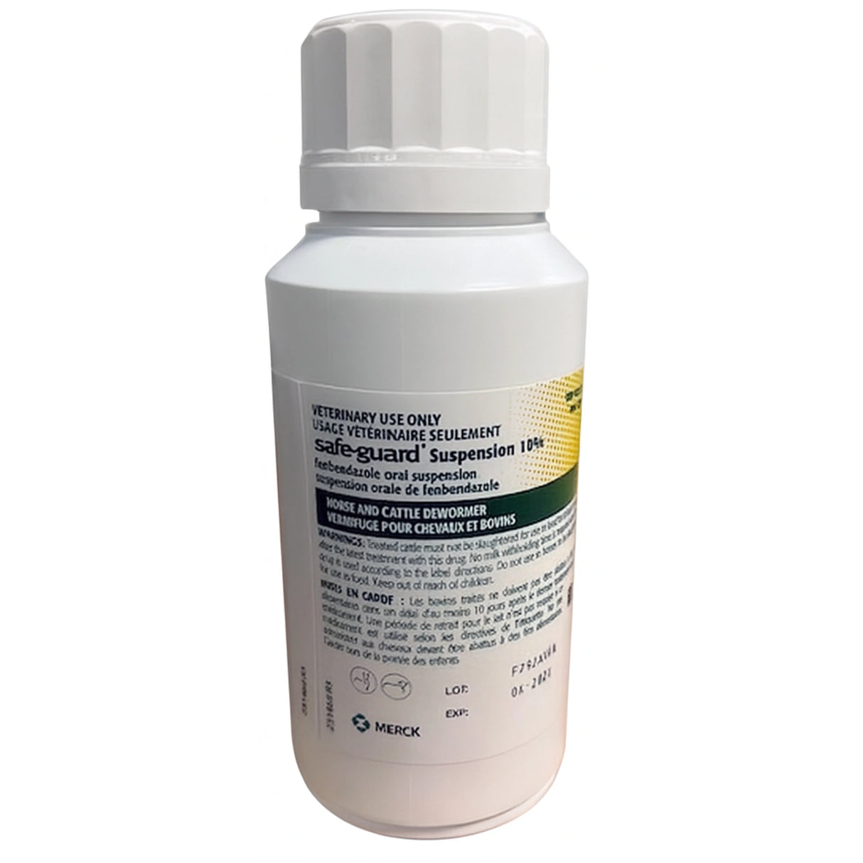 Front view of Intervet SafeGuard Solution 10% dewormer displayed on a white background