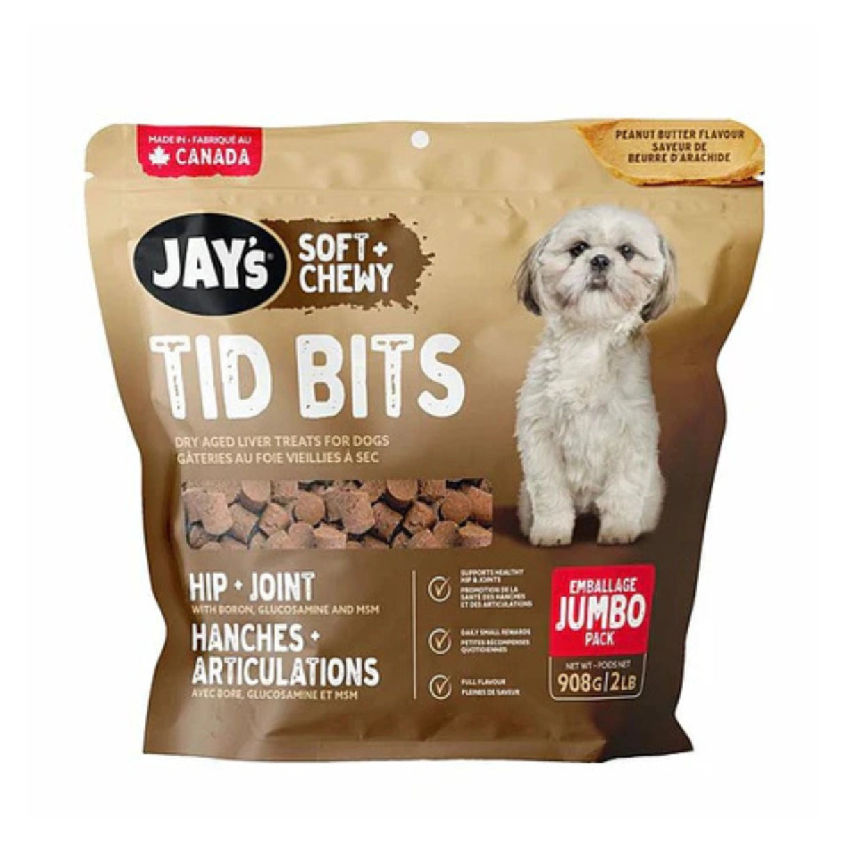 Front view of Jay’s Tid Bits Hip Joint Peanut Butter Dog Treats on a white background