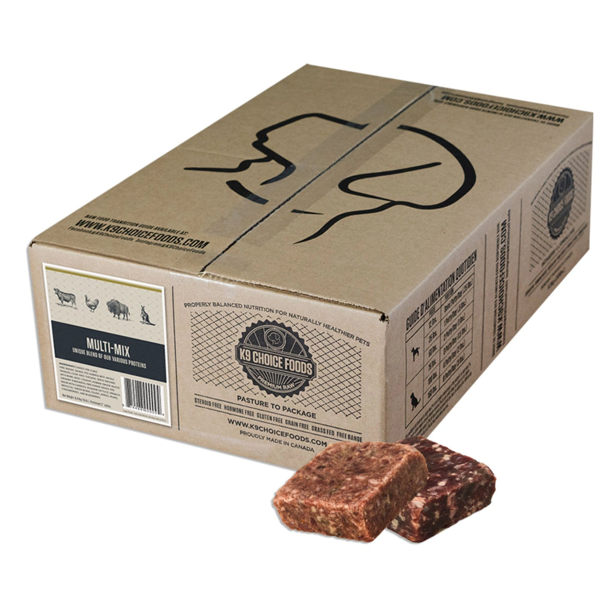 Front view of K9 Choice Complete Cuisine Frozen Multi Mix Dog Food on a white background