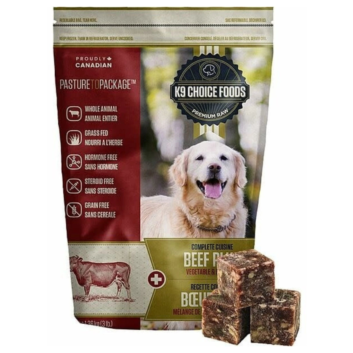 Front view of K9 Choice Complete Cuisine Frozen Plus Beef Dog Food on a white background