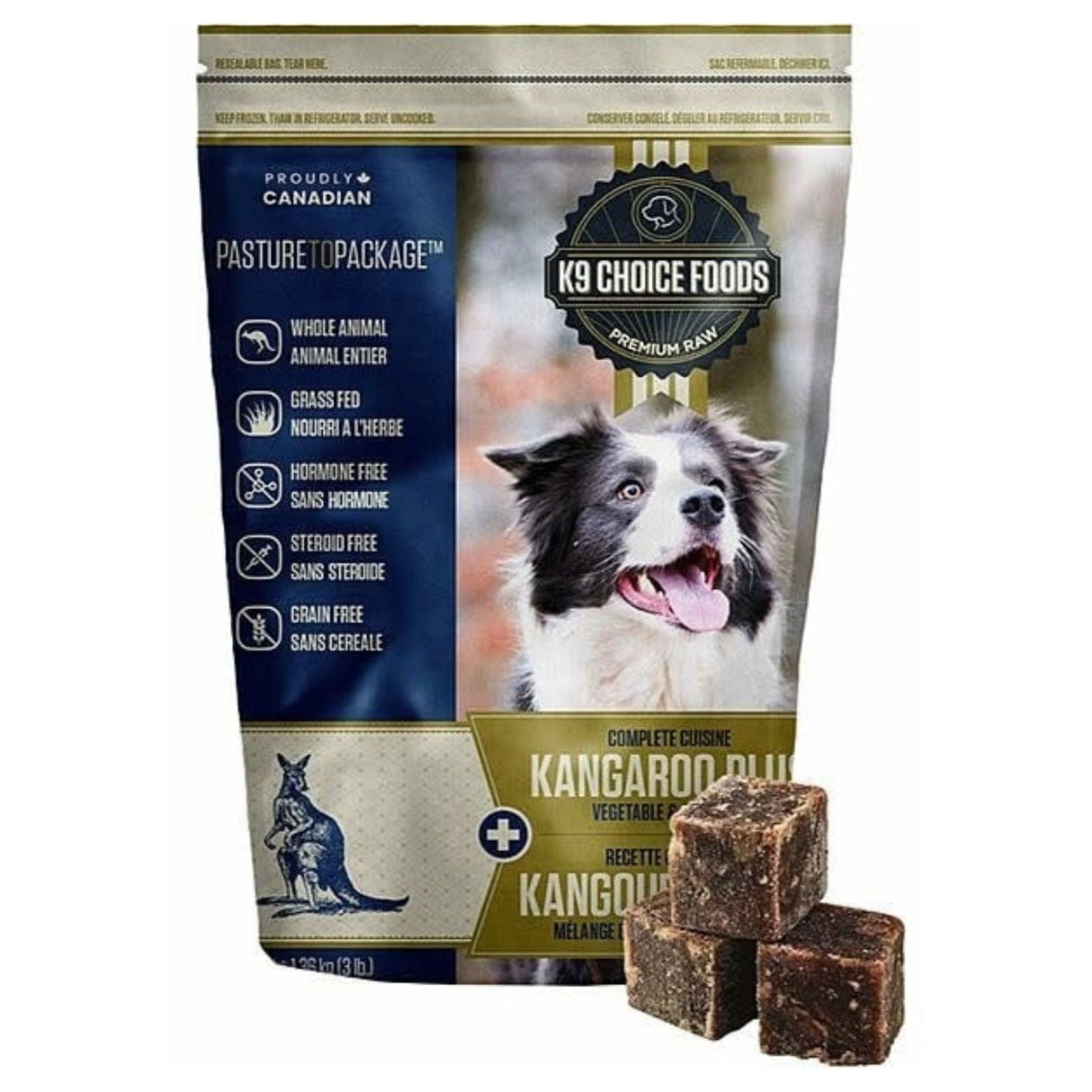 A front view of K9 Choice Complete Cuisine Frozen Plus Kangaroo Dog Food on a white background