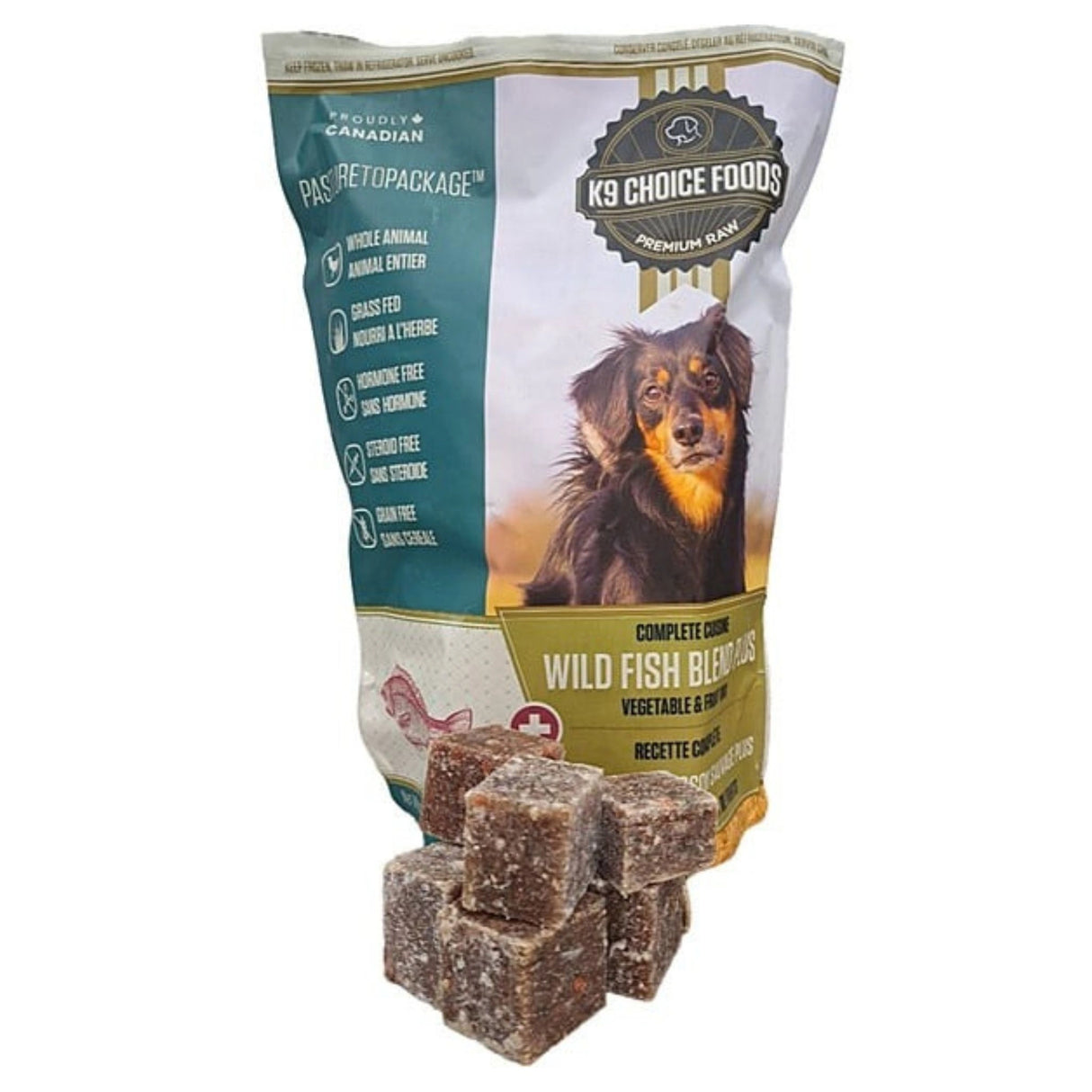 Front view of K9 Choice Complete Cuisine Wild Fish Blend Dog Food on a white background