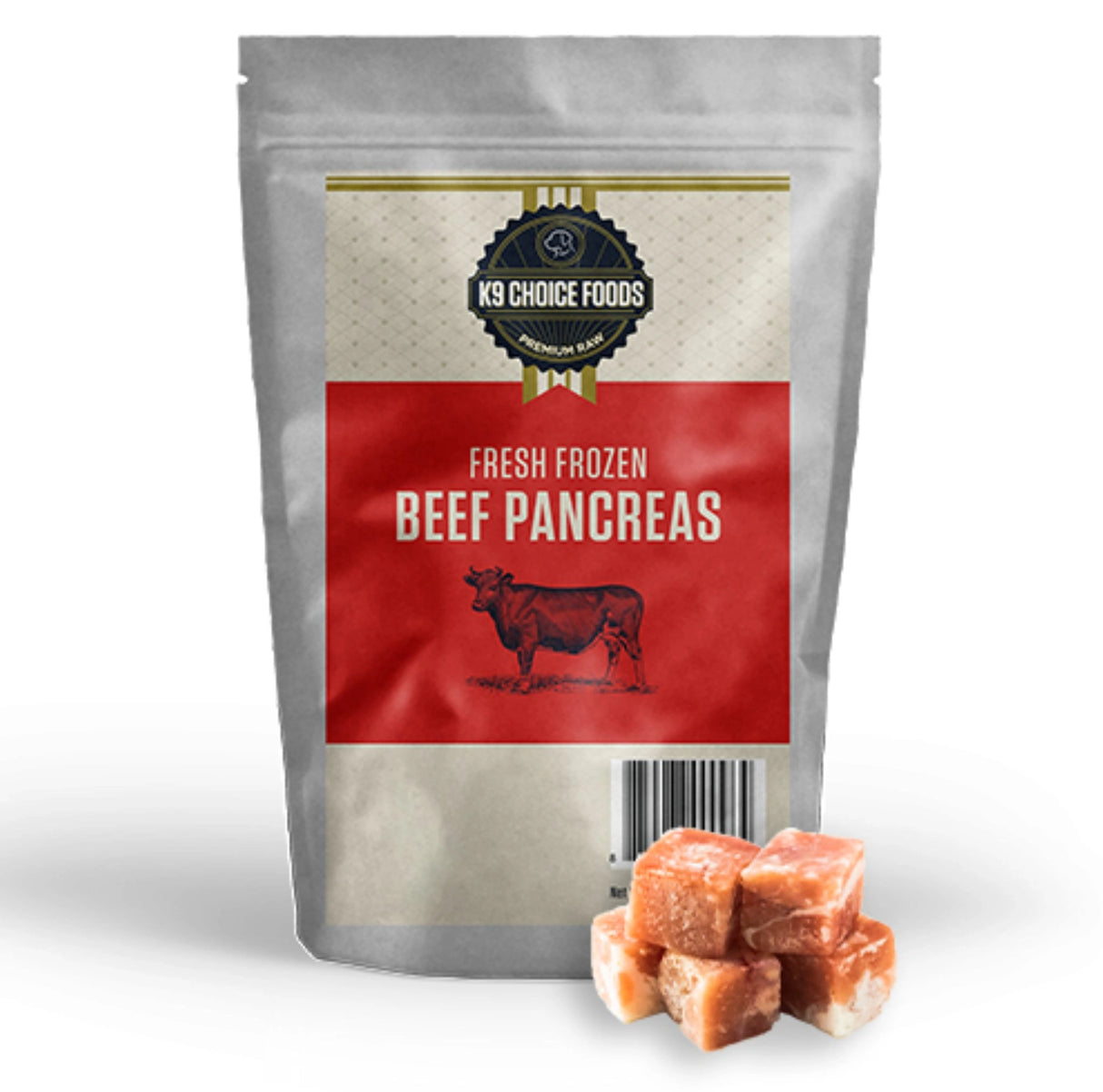 Front view of K9 Choice Frozen 1 lb Beef Pancreas Dog Treats on a white background