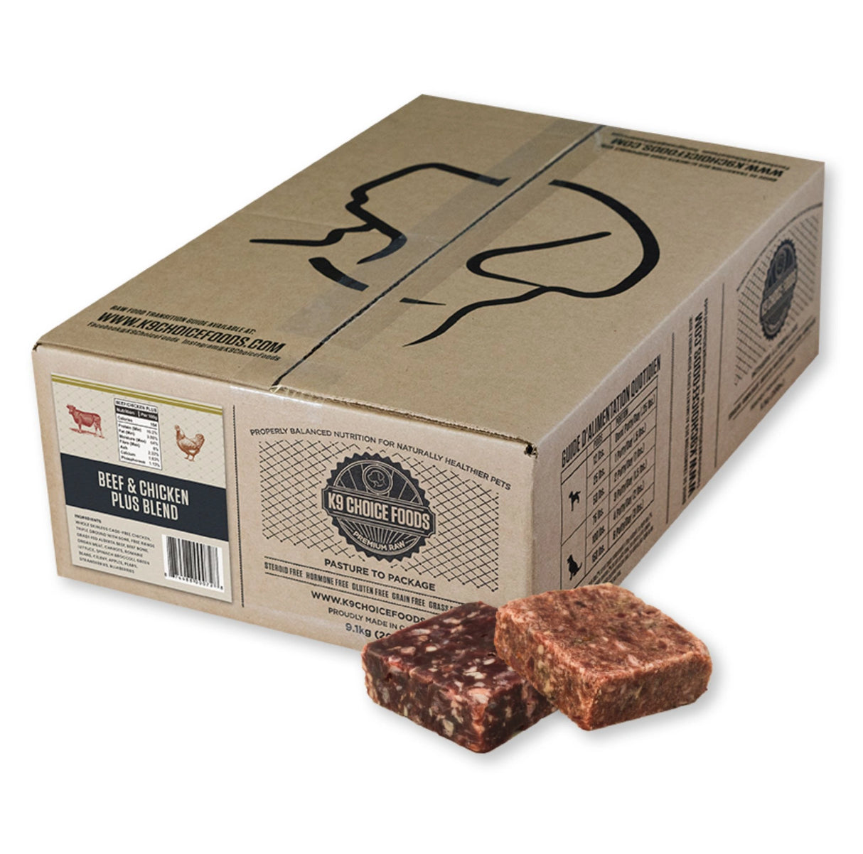 A front view of K9 Choice Frozen Complete Cuisine 20lb Beef and Chicken Plus Blend Dog Food on a white background