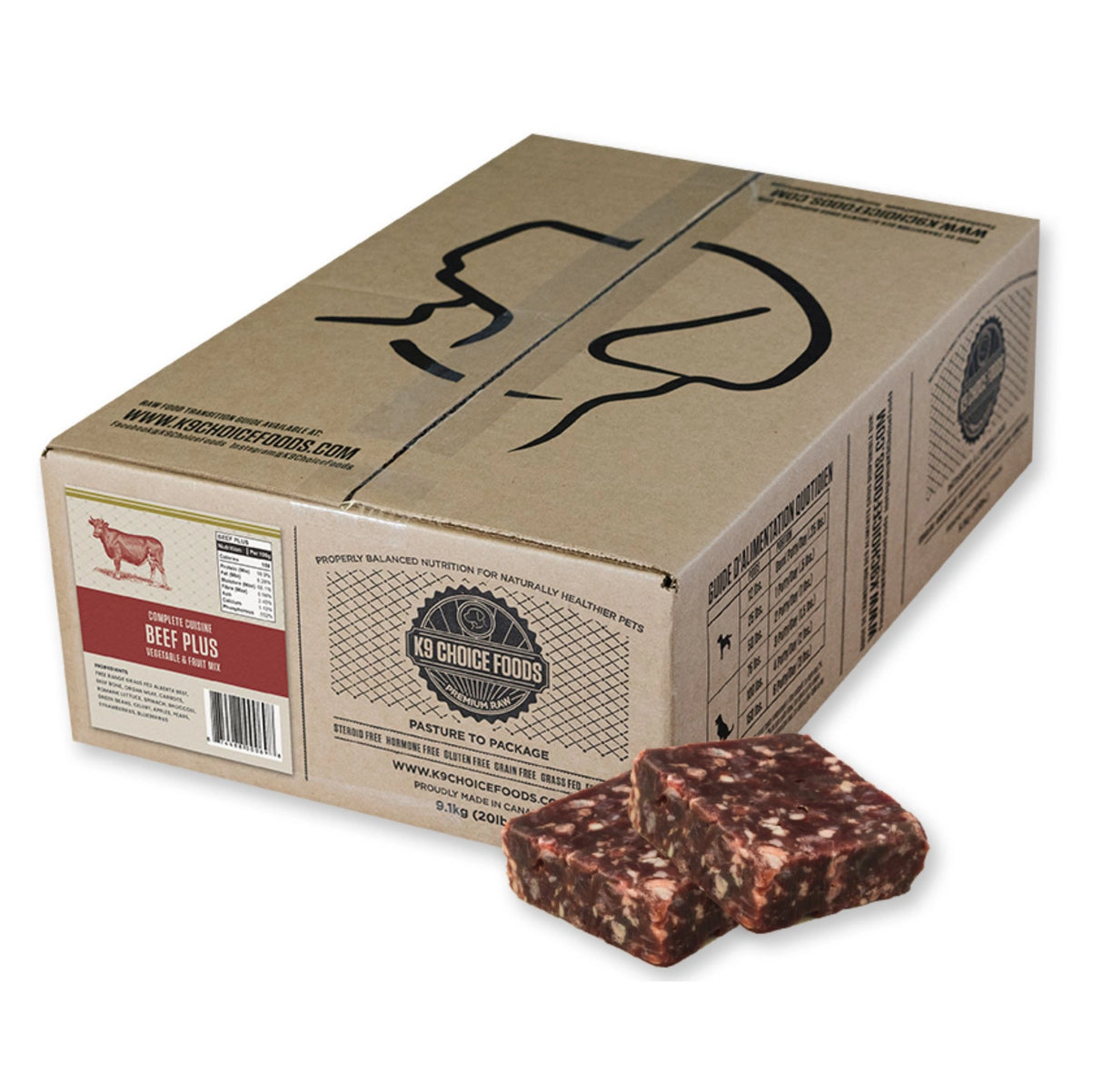 Front view of K9 Choice Frozen Complete Cuisine 20lb Plus Beef Dog Food on a white background