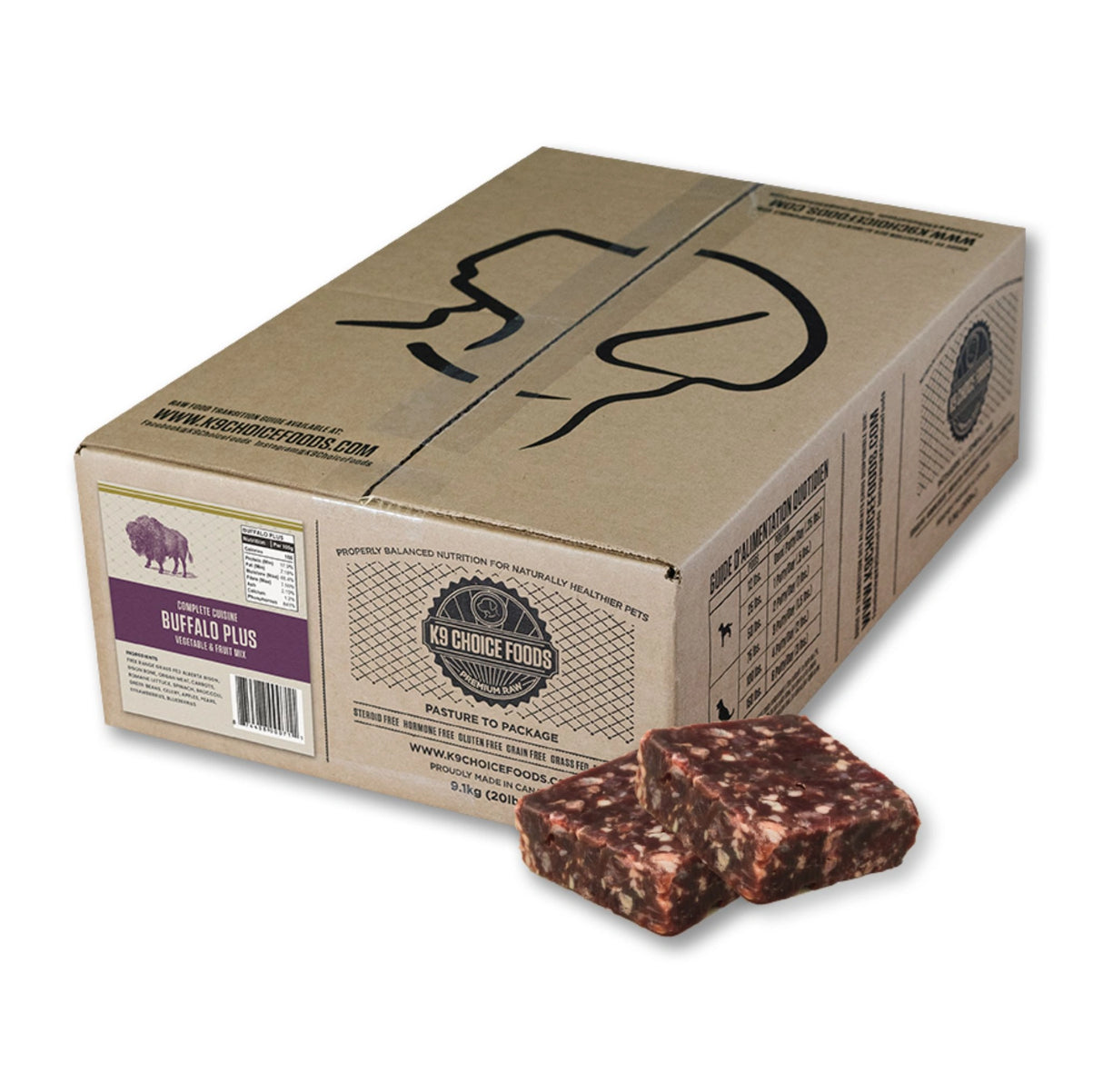 Front view of K9 Choice Frozen Complete Cuisine 20lb Plus Buffalo Dog Food on a white background