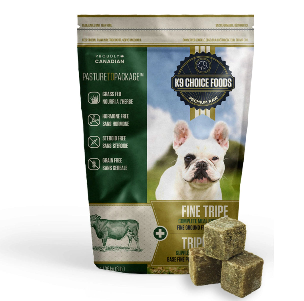 A front view of K9 Choice Frozen Fine Ground Tripe 3lb Premium Beef Dog Food on a white background