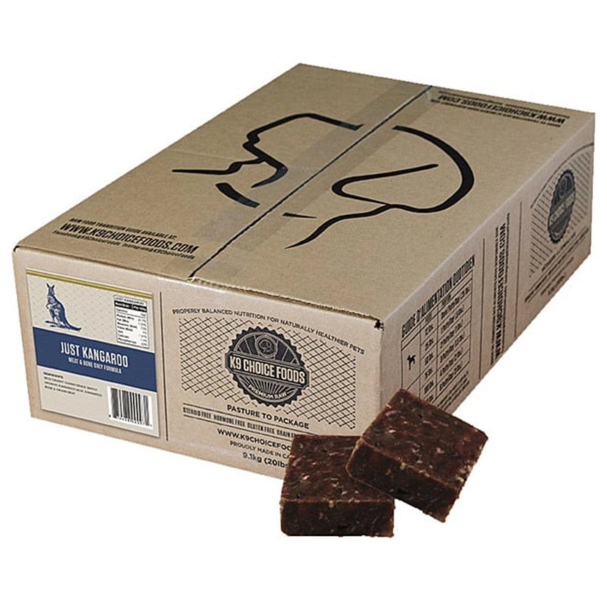 Front view of K9 Choice Just Kangaroo Dog Food 20lb Meat and Bone Only on a white background