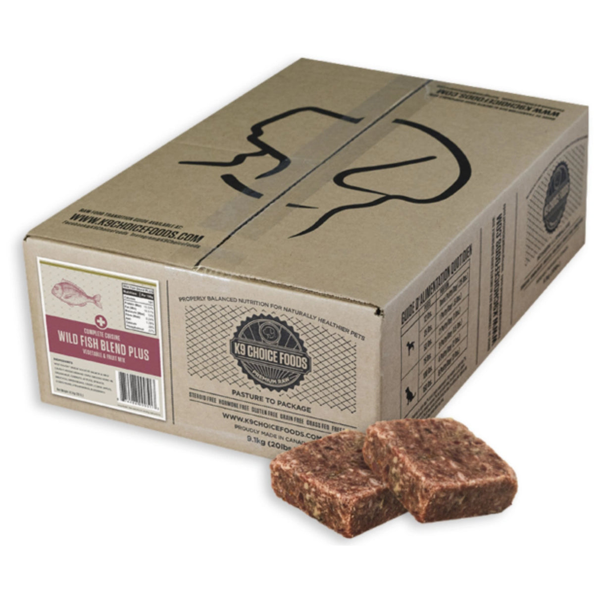 Front view of K9 Choice Just Wild Fish Dog Food, Meat and Bone Only, Frozen 20lb on a white background