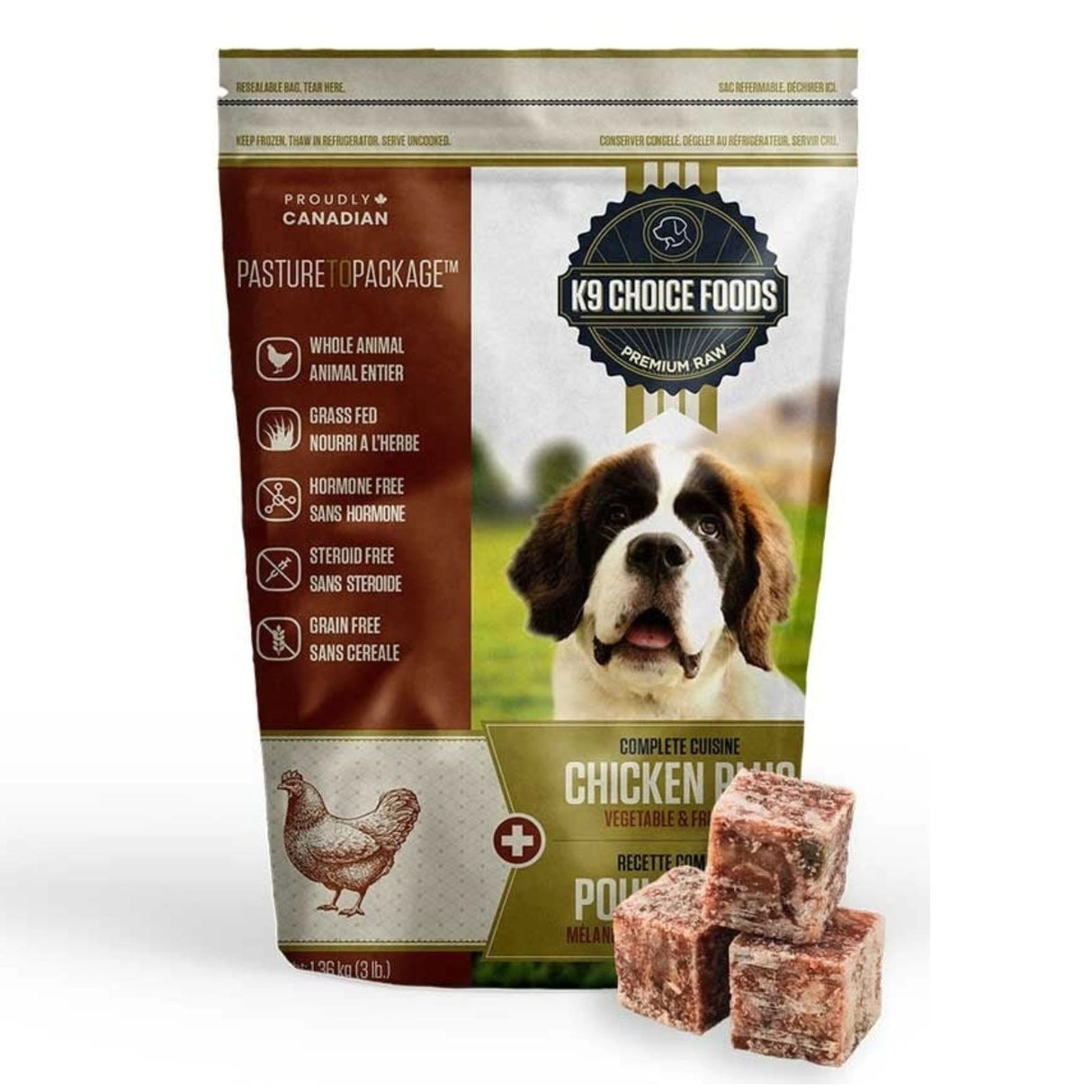 Front view of K9 Choice Premium Raw Plus Chicken Dog Food on a white background