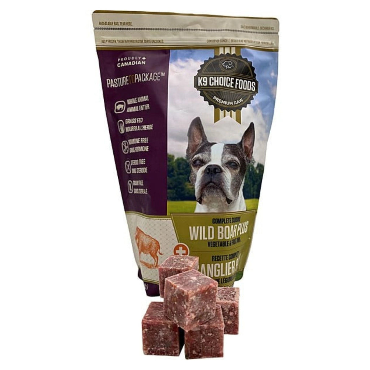 Front view of K9 Choice Premium Raw Plus Wild Boar Dog Food on a white background