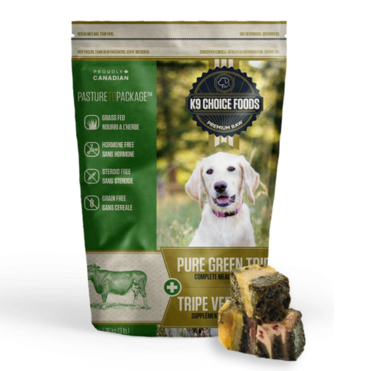 Front view of K9 Choice Pure Green Tripe Beef Dog Food on a white background