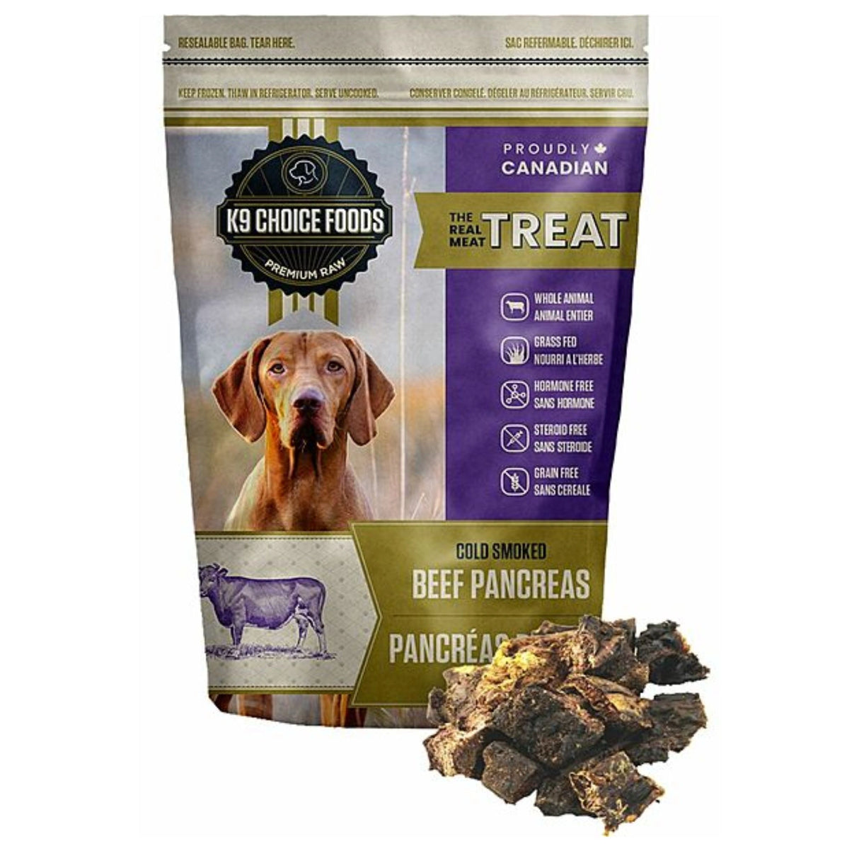 Front view of K9 Choice Real Meal Treat 227g Beef Pancreas Dog Treat on a white background