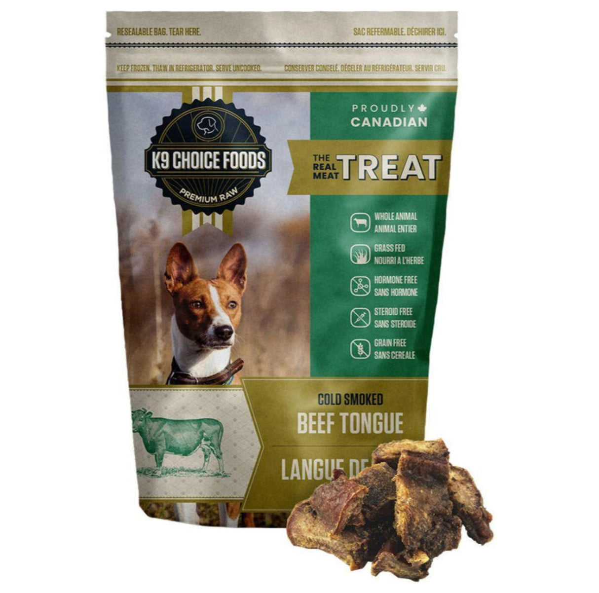 Front view of K9 Choice Real Meal Treat 227g Beef Tongue Dog Treat on a white background