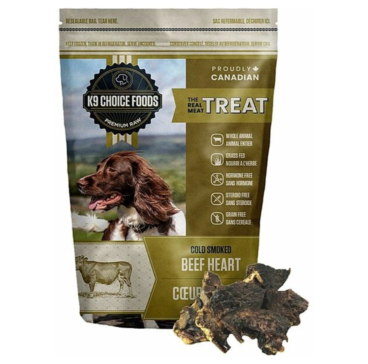 Front view of K9 Choice Real Meal Treat 227g Smoked Beef Heart Dog Treat on a white background