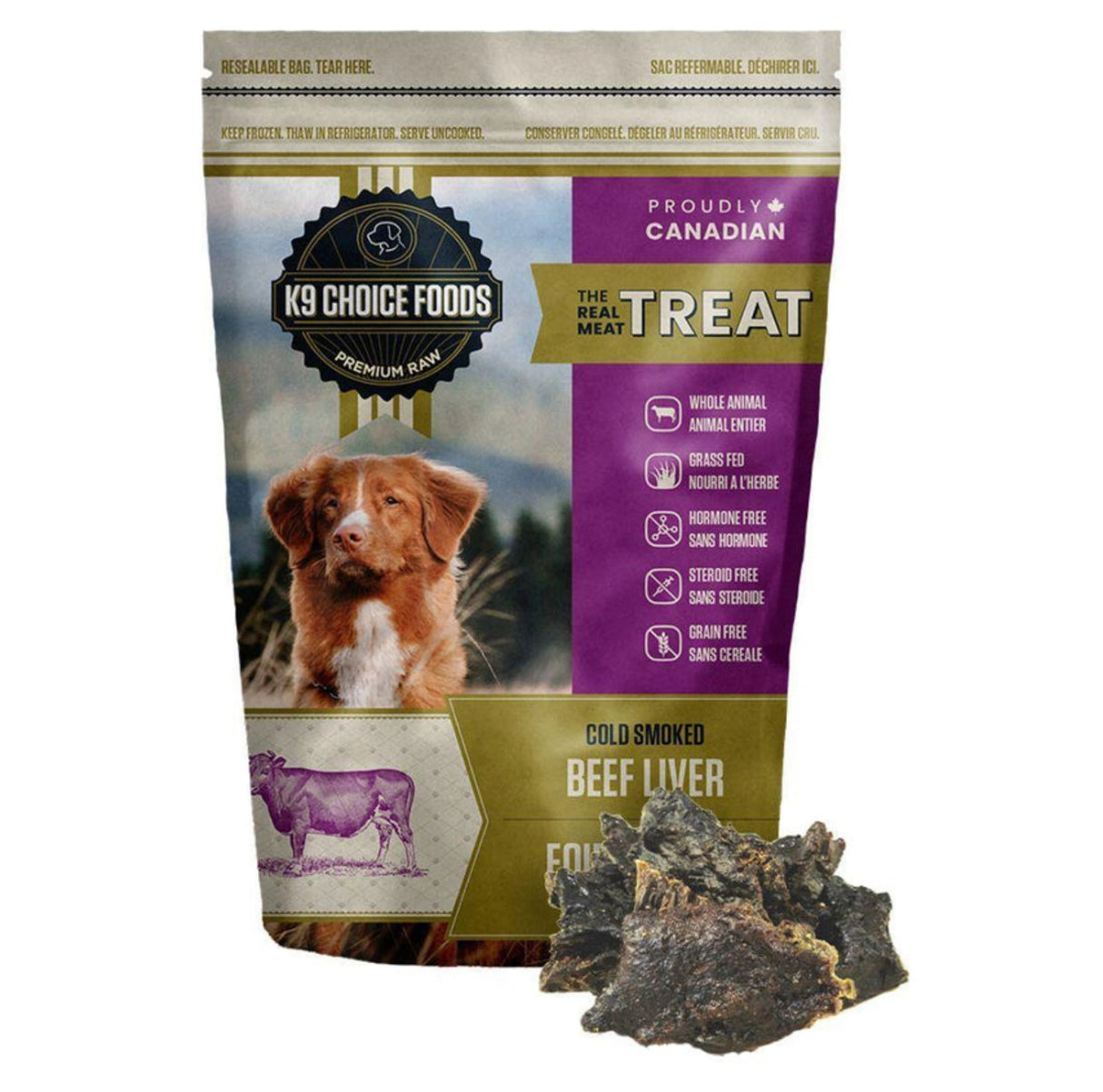 Front view of K9 Choice Real Meal Treat 227g Smoked Beef Liver Dog Treat on a white background