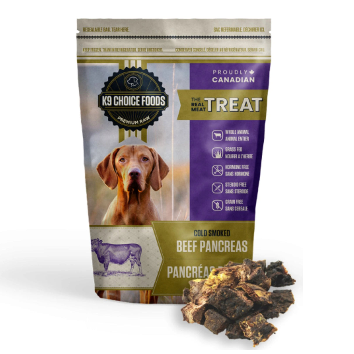 Front view of K9 Choice Real Meat Treats Cold Smoked Beef Pancreas Dog Treats 227g on a white background