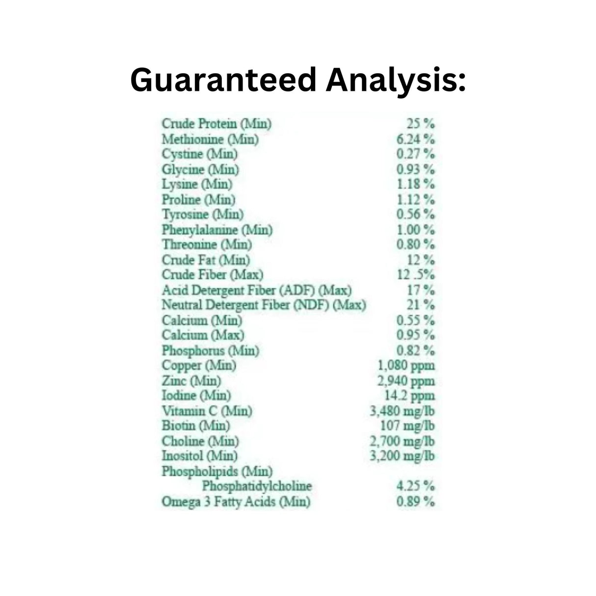 Guaranteed analysis chart of Life Data Labs Farrier's Formula Double Hoof Strength Horse Supplement showing nutritional breakdown