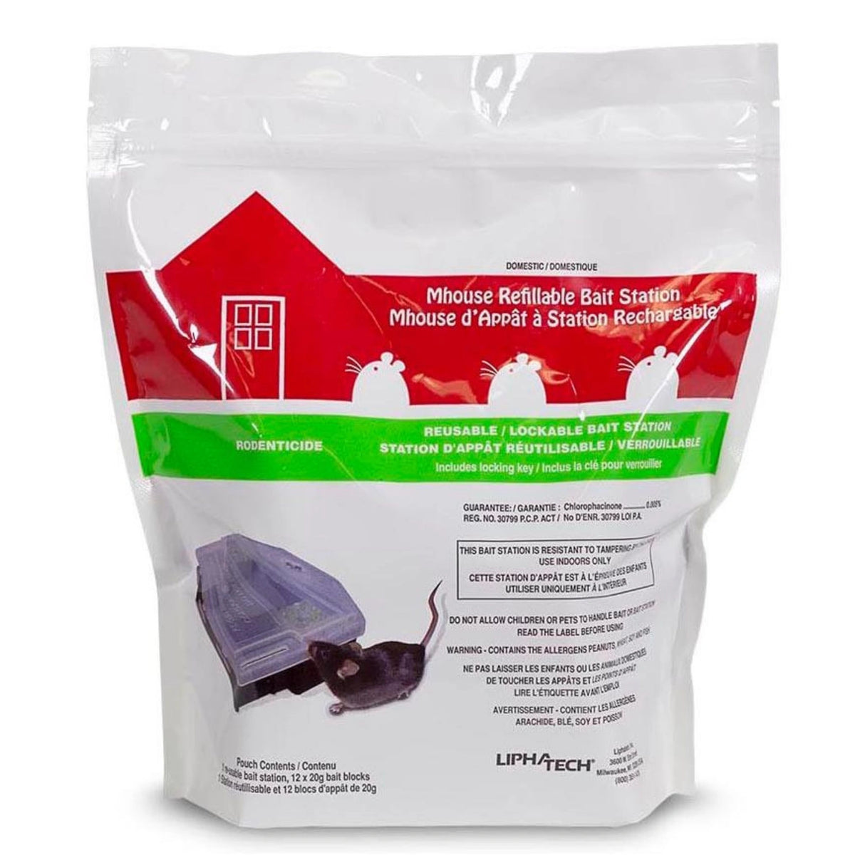 Front view of Liphatech Mhouse Refillable Bait Station Pest Control product on a white background