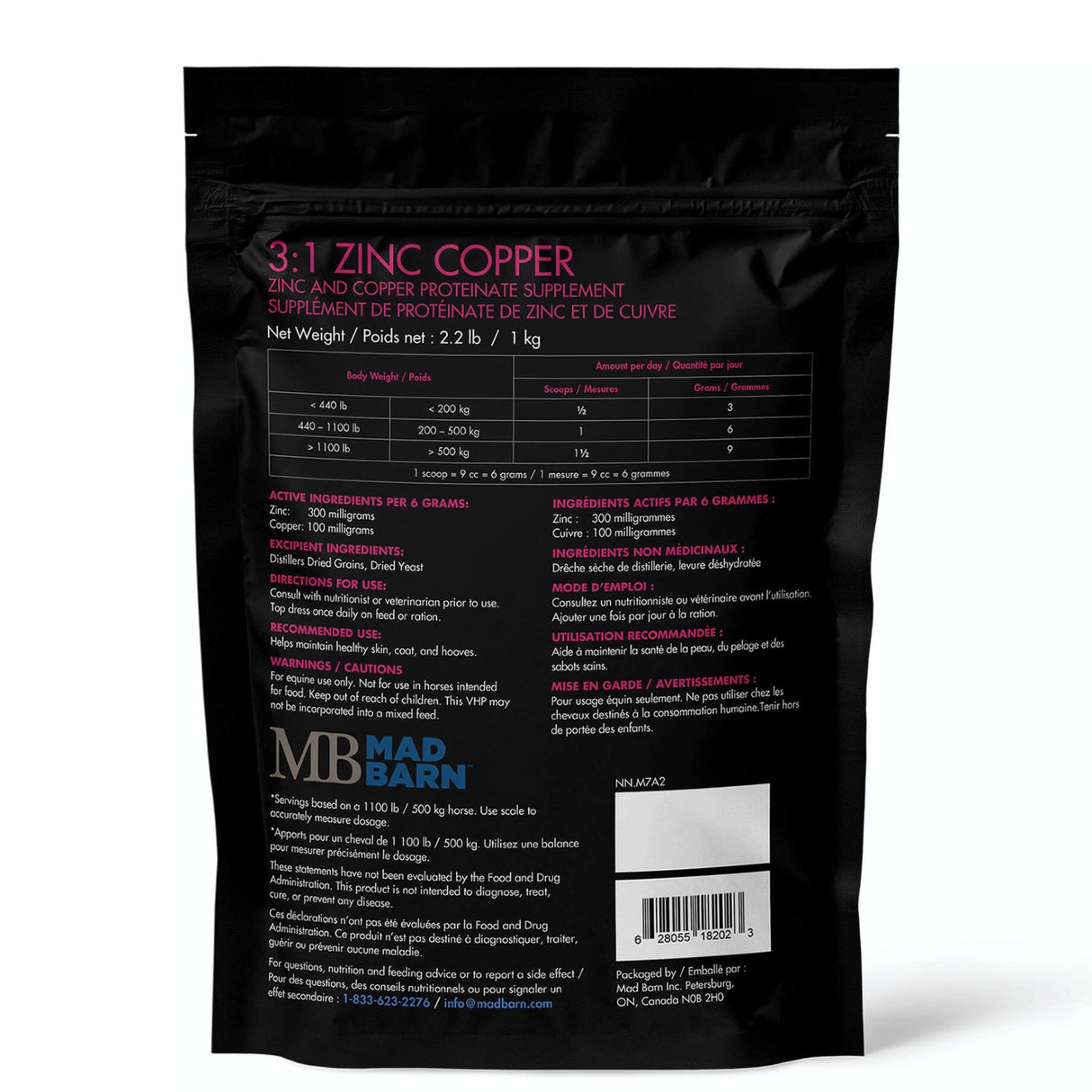 A back view of Mad Barn 3:1 Zinc Copper mineral horse supplements on a white background