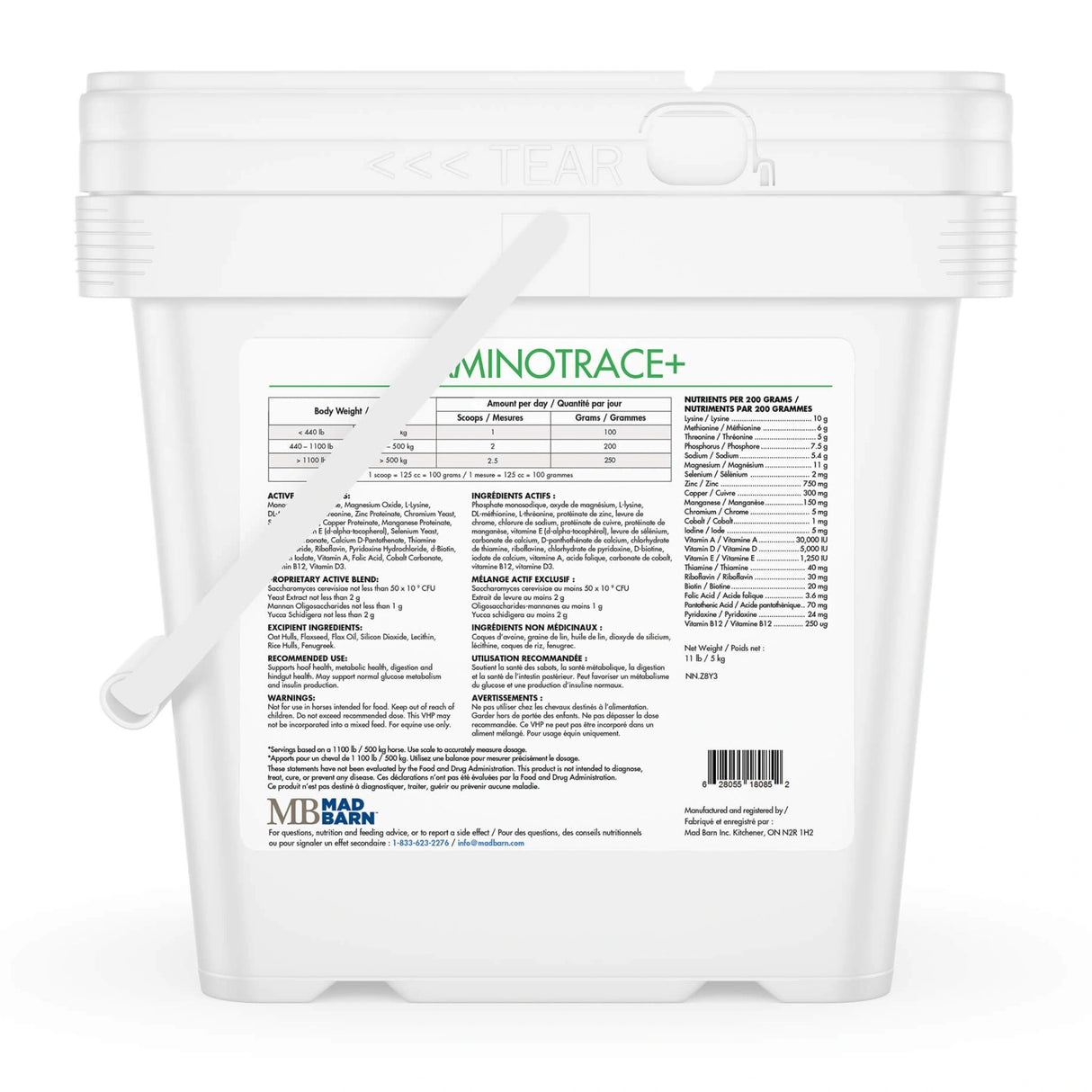 Back view of Mad Barn AminoTrace+ Pellets Low NSC Horse Supplement on a white background
