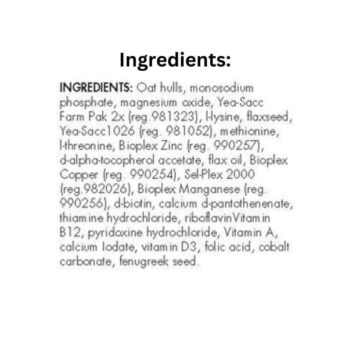 List of ingredients for Mad Barn AminoTrace+ Pellets Low NSC Horse Supplement