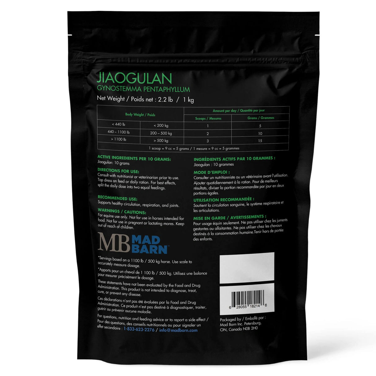 A back view of Mad Barn Jiaogulan Powder Horse Feed supplement on a white background