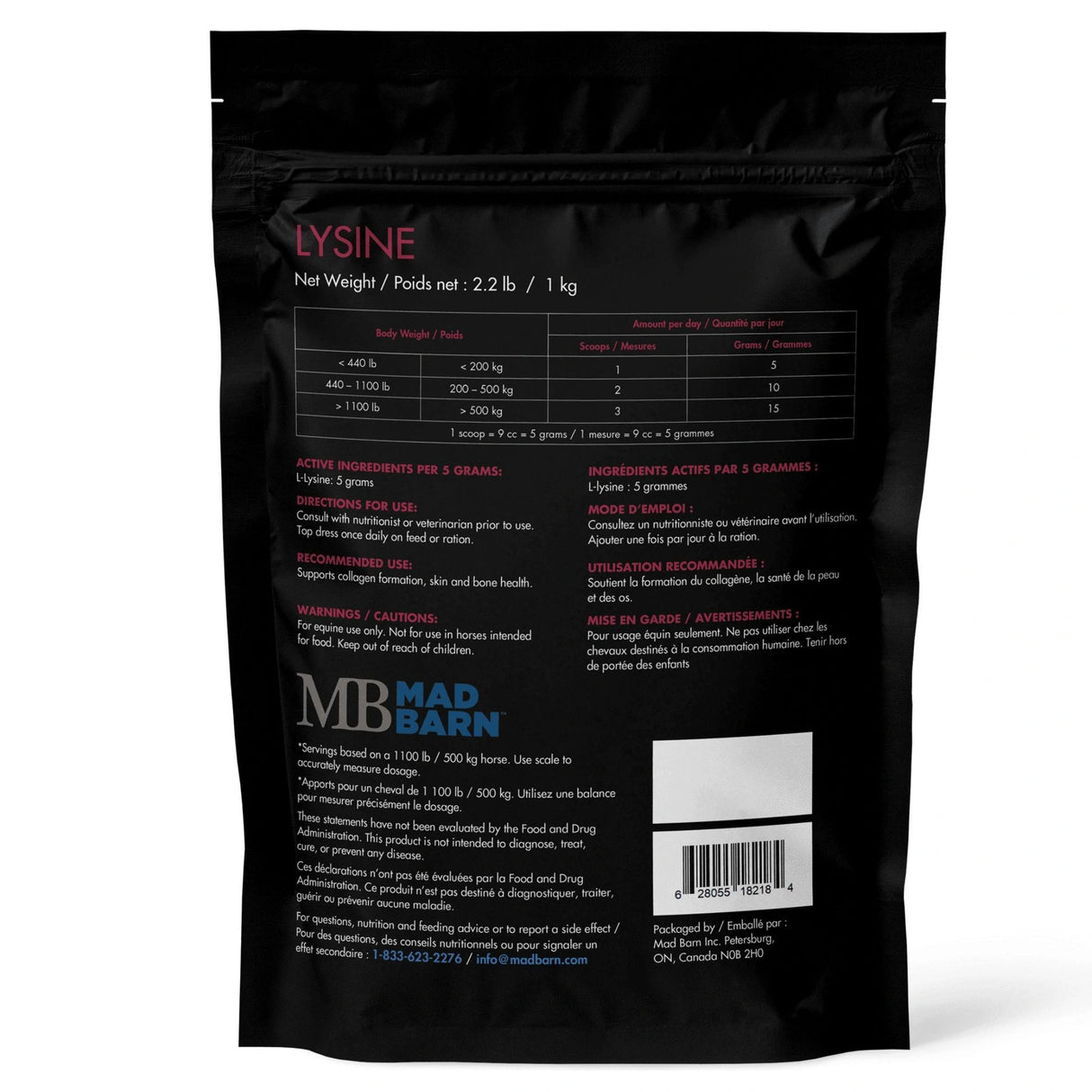 A back view of Mad Barn L-Lysine Essential Amino Acid Horse Supplement on a white background