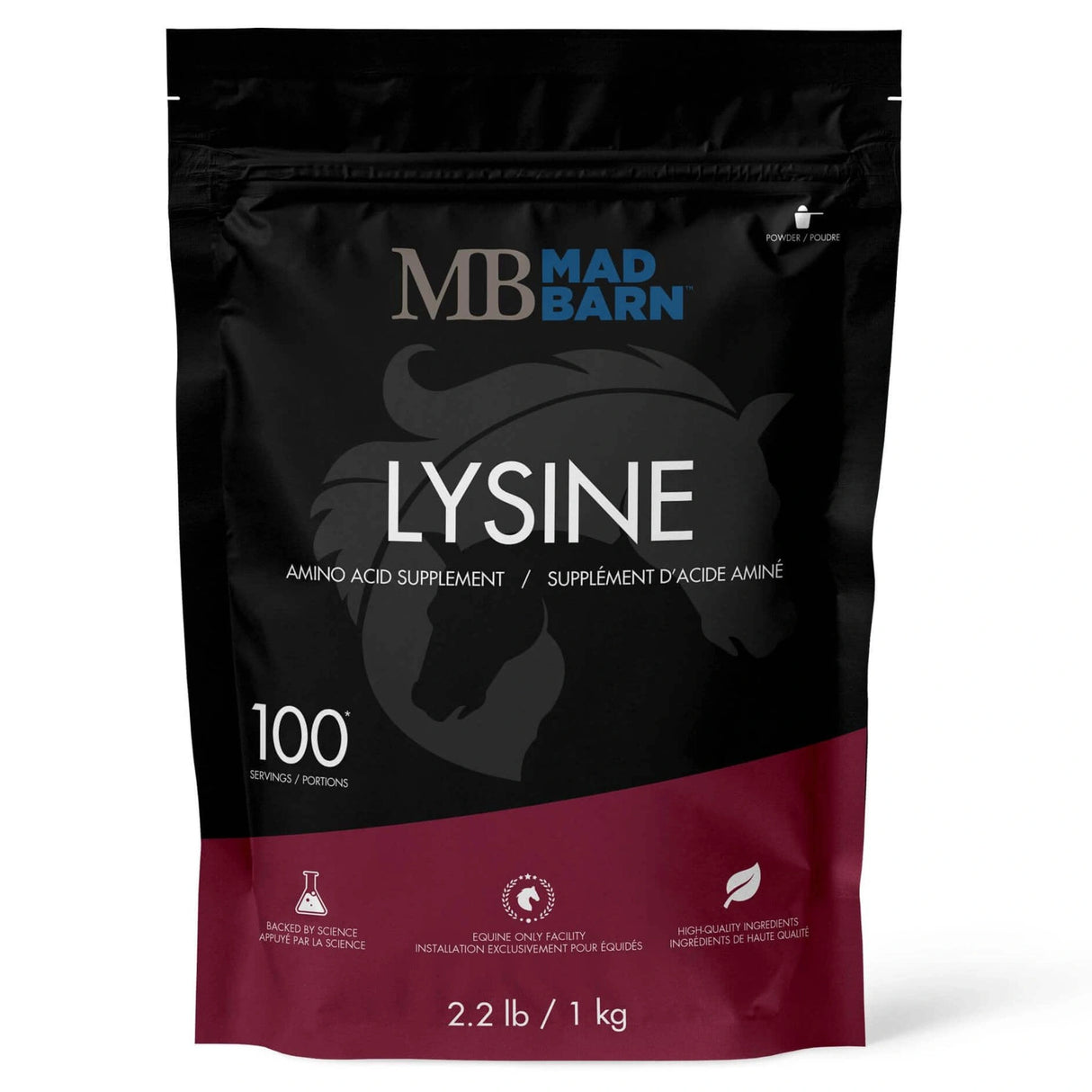 A front view of Mad Barn L-Lysine Essential Amino Acid Horse Supplement on a white background