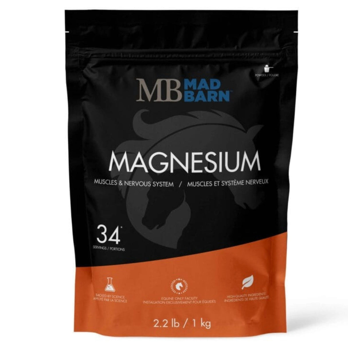 Front view of Mad Burn Magnesium Oxide 56% Horse Feed supplement on a white background