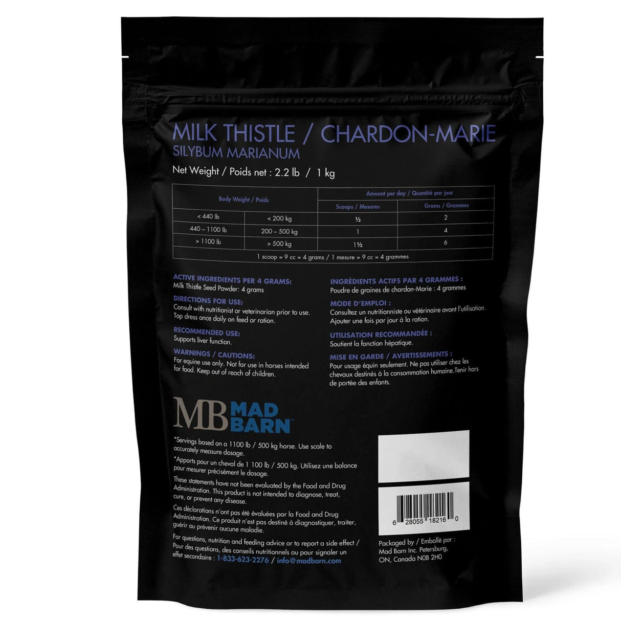 Back view of Mad Barn Milk Thistle Liver Support Horse Feed showing packaging details on a white background