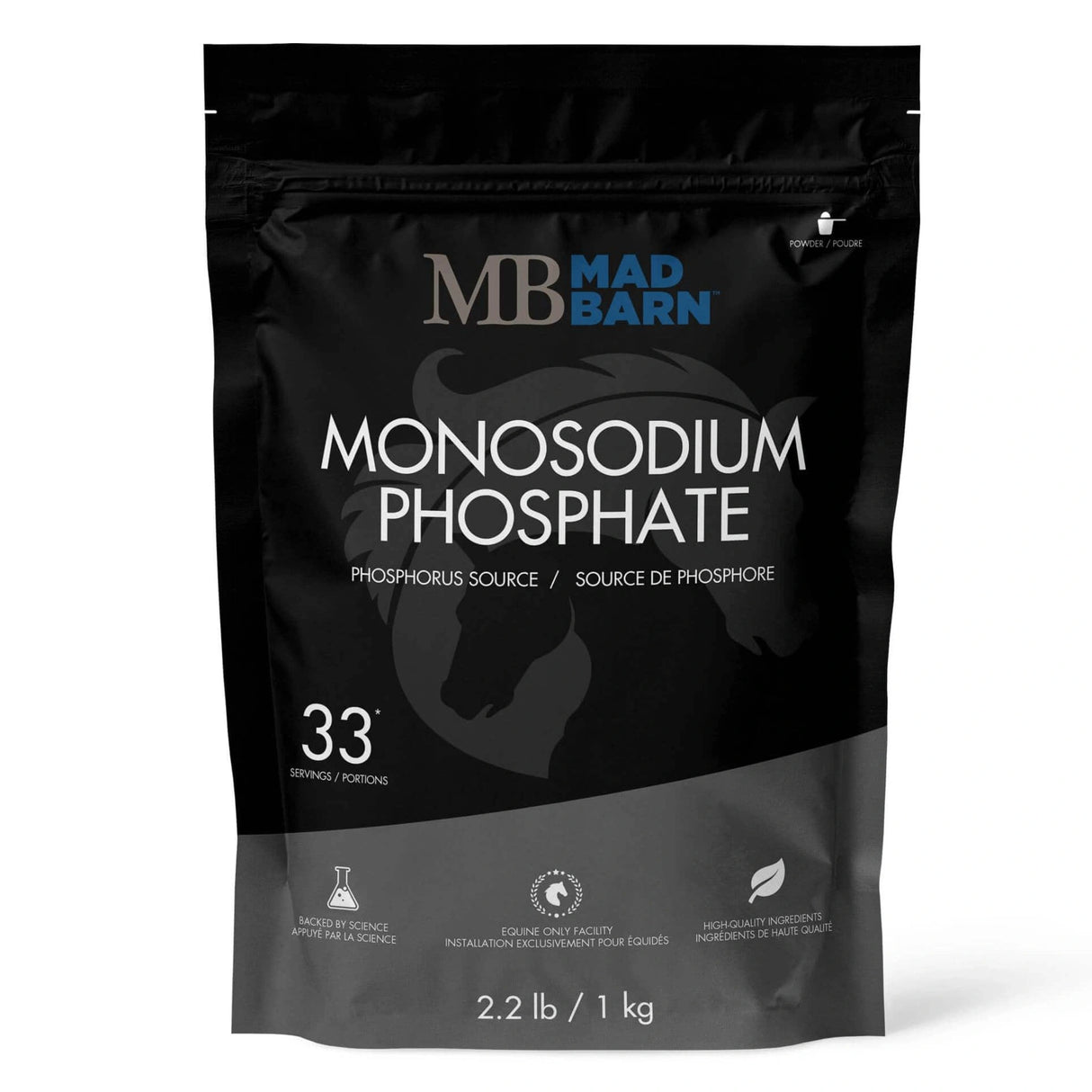 Front view of Mad Barn Monosodium Phosphate horse feed supplement on a white background