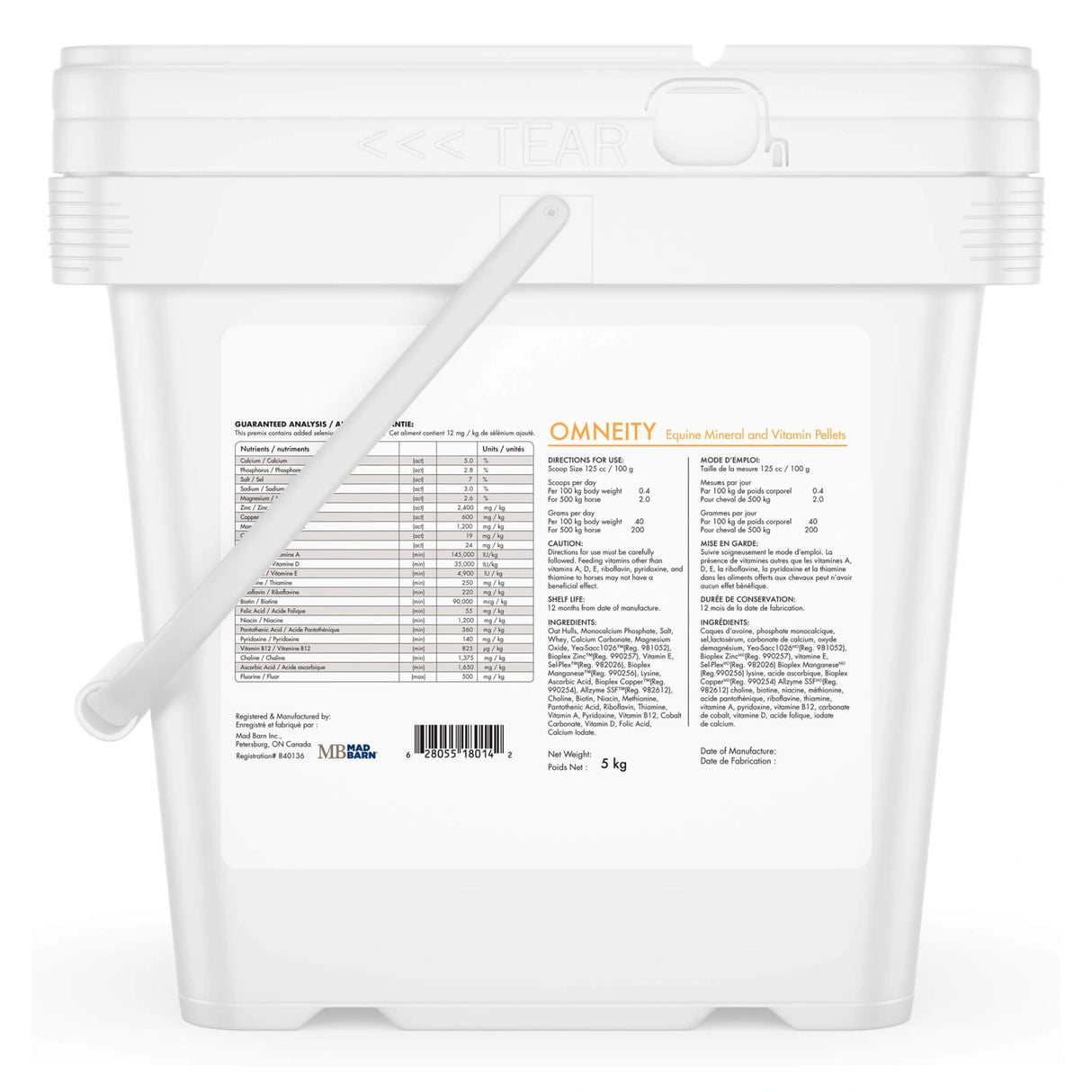 Back view of Mad Barn Omneity P Pellets horse feed supplement packaging on a white background