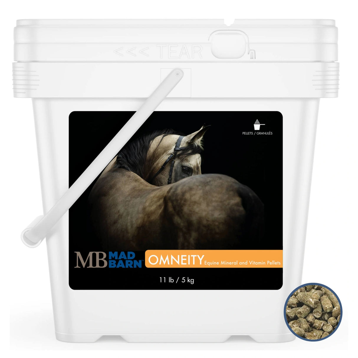 Front view of Mad Barn Omneity P Pellets equine vitamin and mineral horse supplement on a white background