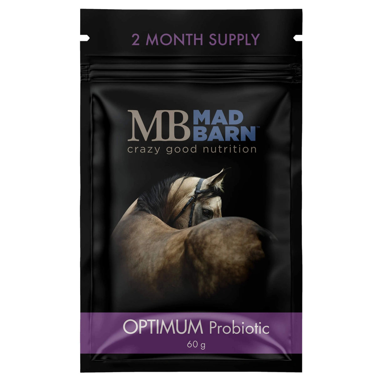 Front view of 60g Mad Barn Optimum Probiotic horse feed supplement on a white background