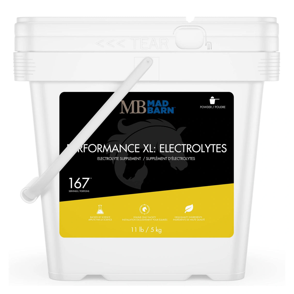Front view of Mad Barn Performance XL Electrolytes horse feed supplement on a white background