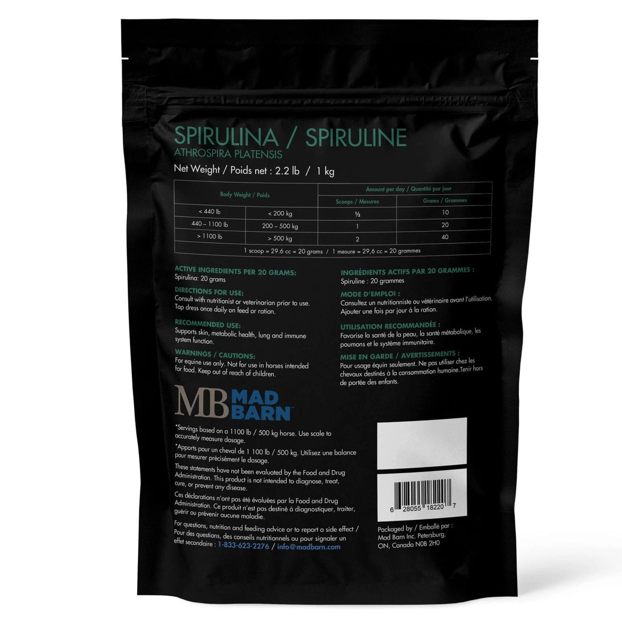 Back view of Mad Barn Spirulina Powder Horse Feed on a white background