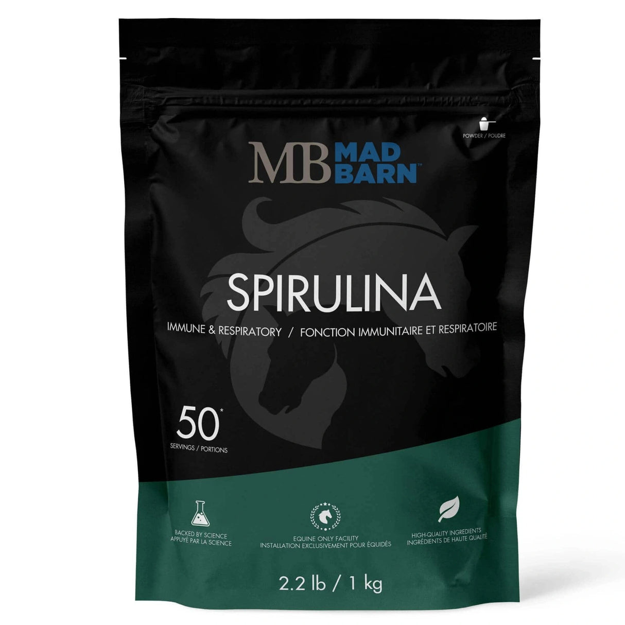 Front view of Mad Barn Spirulina Powder Horse Feed on a white background