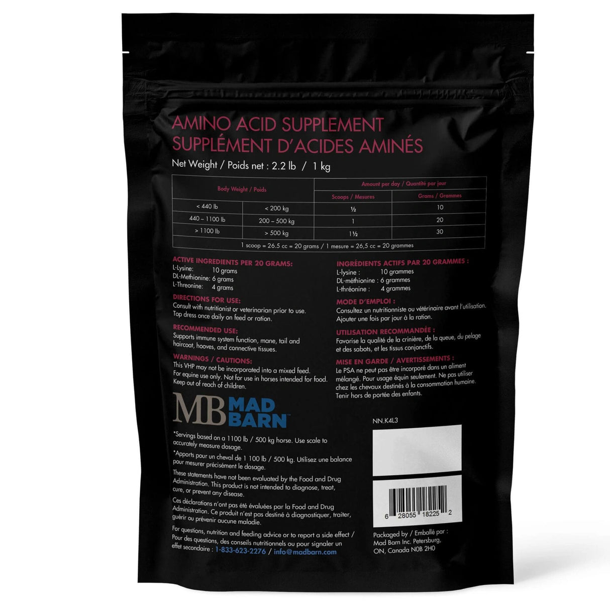 Back view of Mad Barn Three Amigos Amino Acid horse supplement showing label and directions on a white background