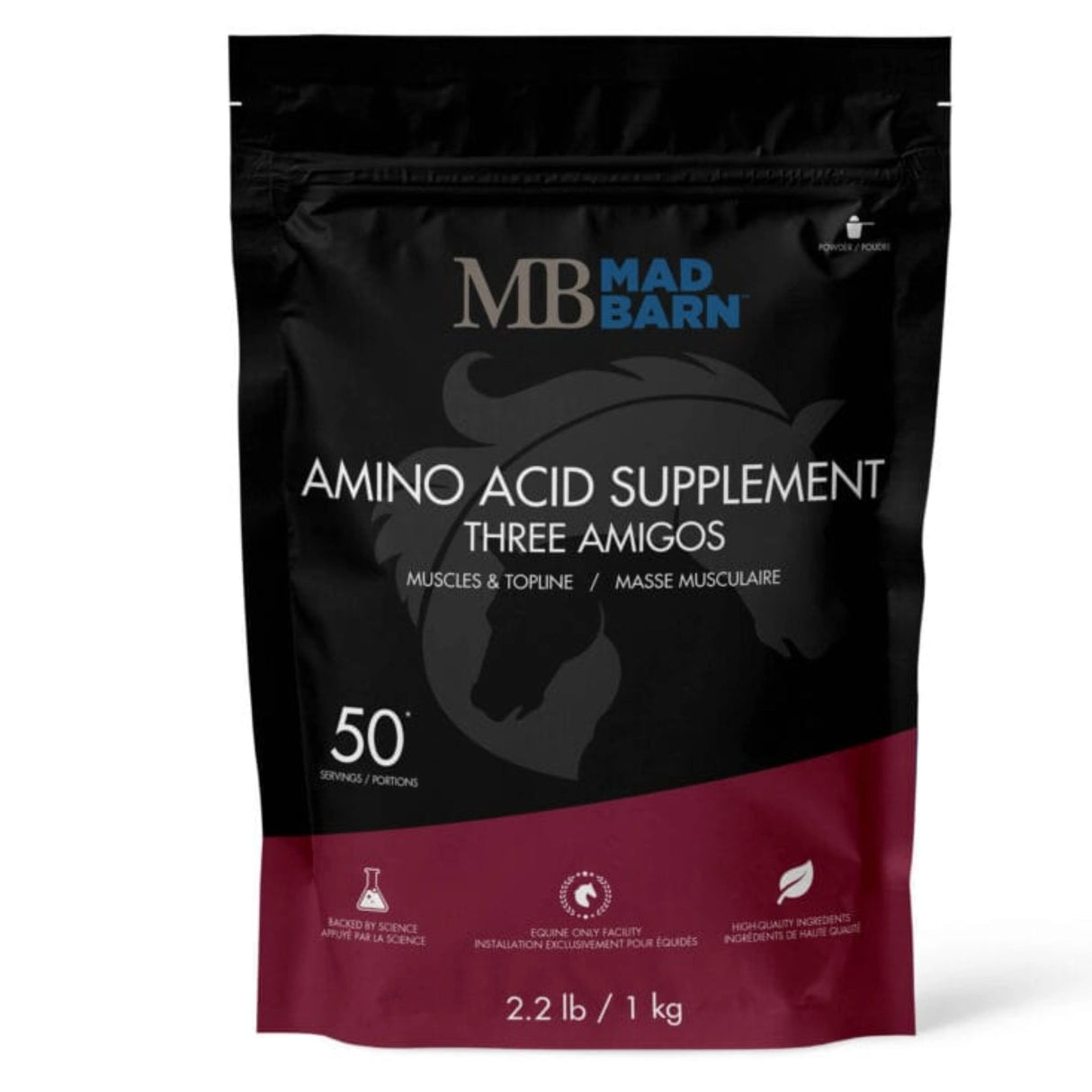 Front view of Mad Barn Three Amigos Amino Acid horse supplement on a white background