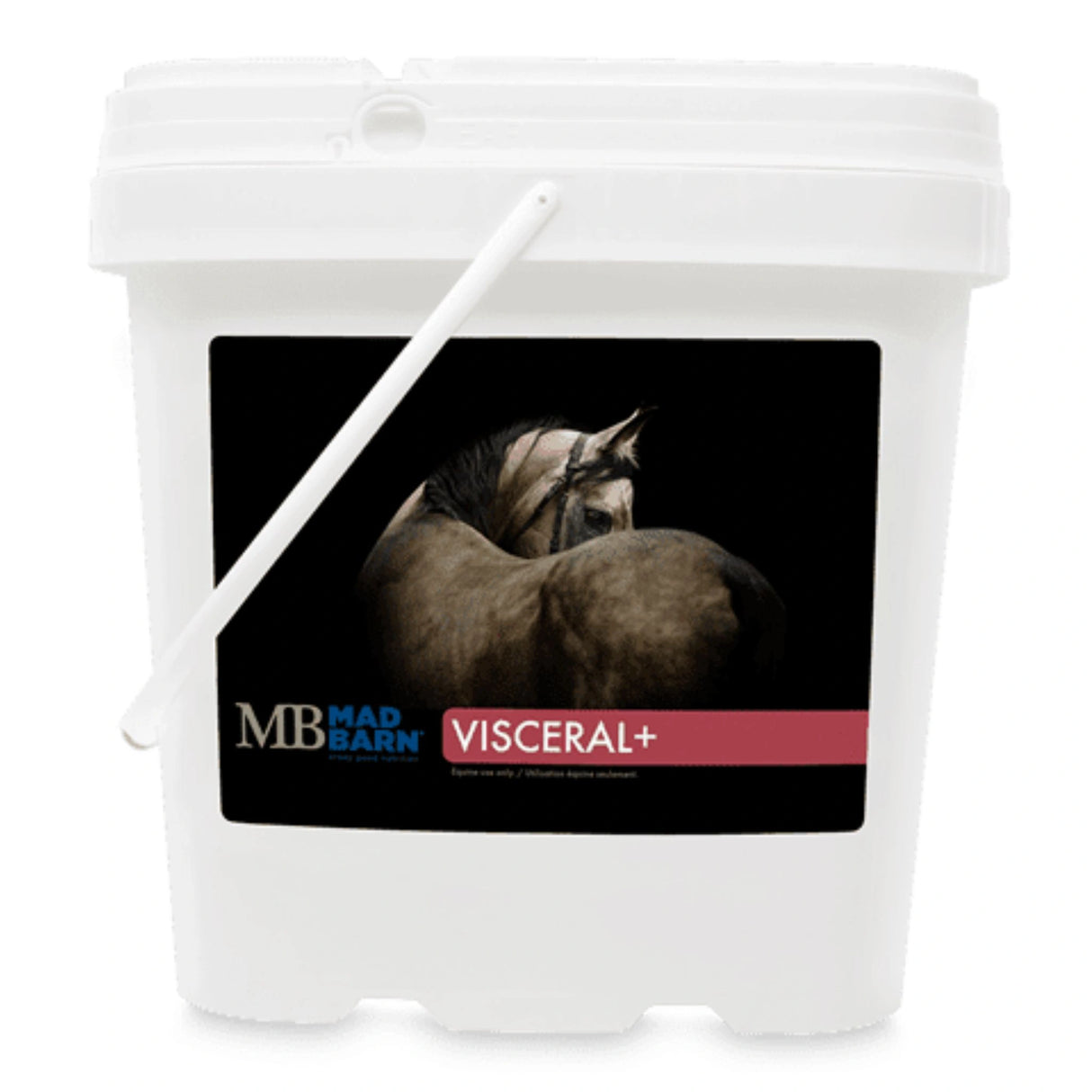 A front view of Mad Barn Visceral+ Horse Supplement on a white background