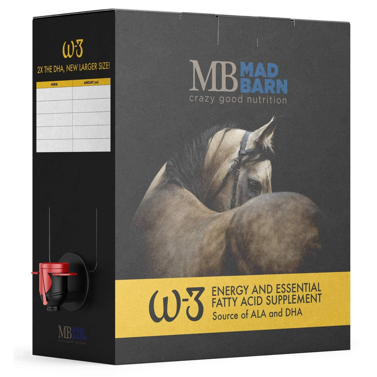 A front side view of Mad Barn W-3 Oil horse supplement on a white background