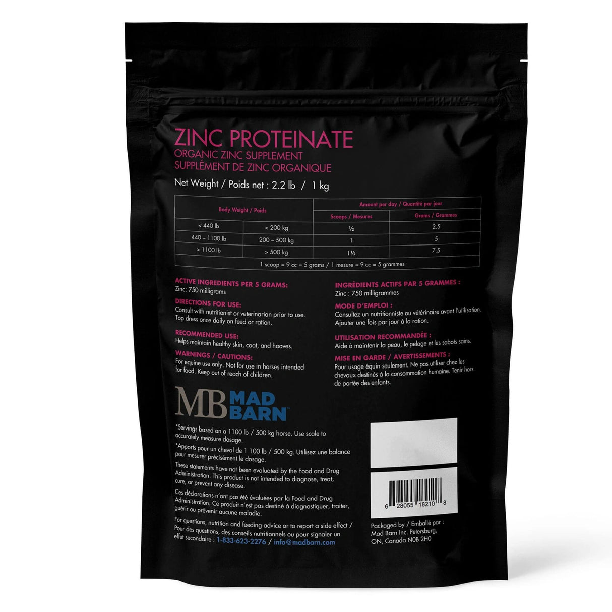 Back view of Mad Barn Zinc Proteinate Mineral Horse Supplement packaging on a white background