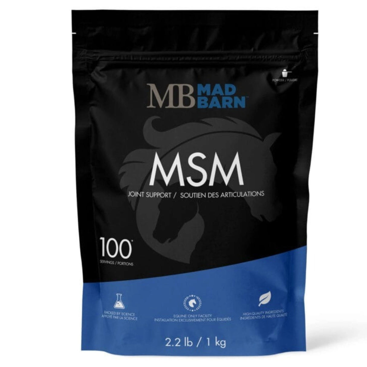 Front view of 1kg Mad Burn MSM Joint Support Horse Feed supplement on a white background