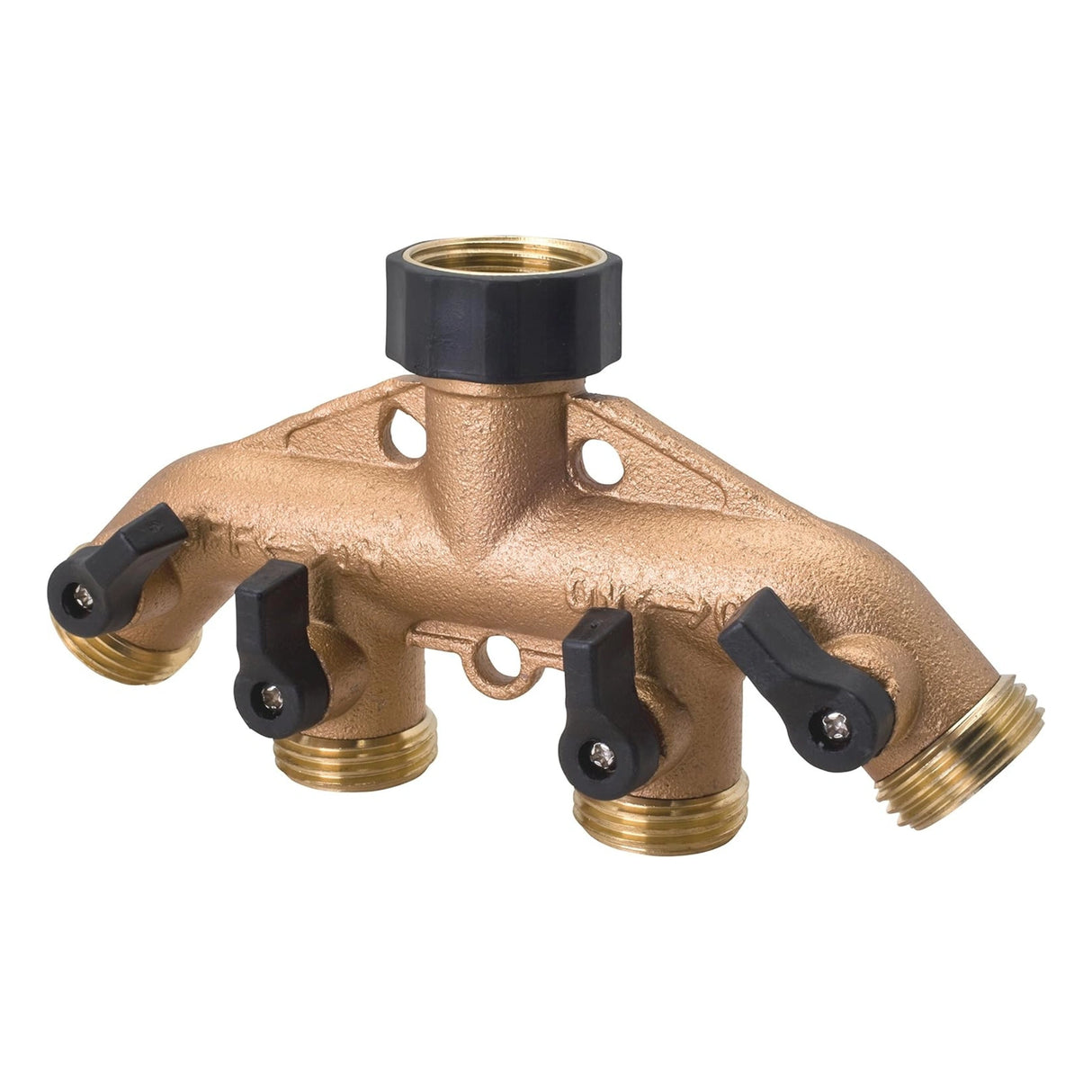 Front view of Melnor 4-Way Metal Shut Off Valve Hose Connector on a white background