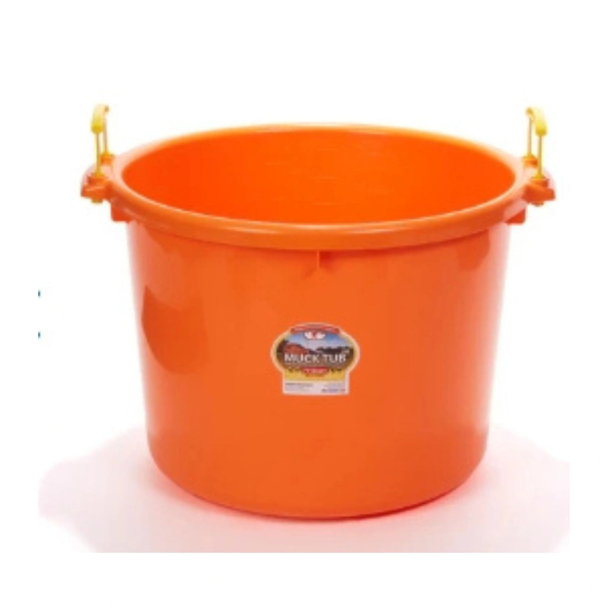 A front view of an orange 70 Quart Plastic Muck Tub on a white background