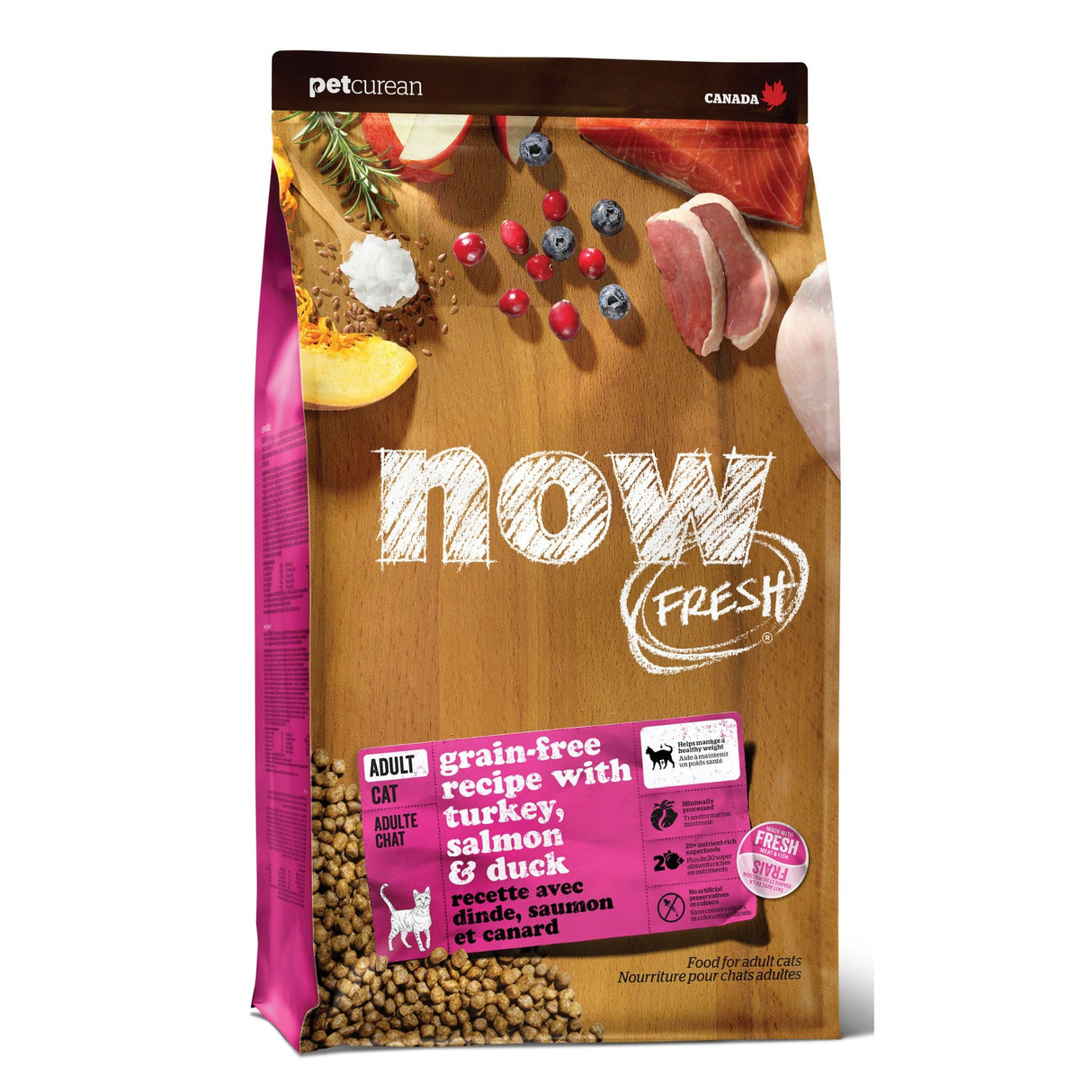 A front view of Now Fresh Grain Free Adult Recipe Turkey, Salmon, and Duck Cat Food on a white background